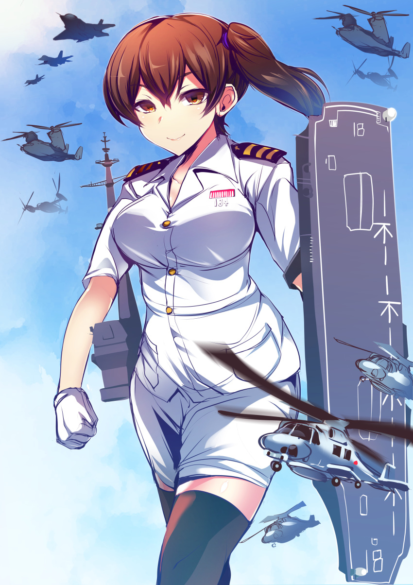 1girl, absurdres, aircraft, airplane, black_legwear, breasts, brown_eyes, brown_hair