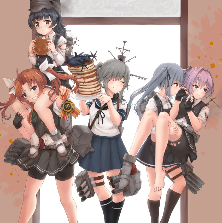 5girls, absurdres, aircraft, airplane, arare_(kantai_collection), bike_shorts, black_dress, black_gloves