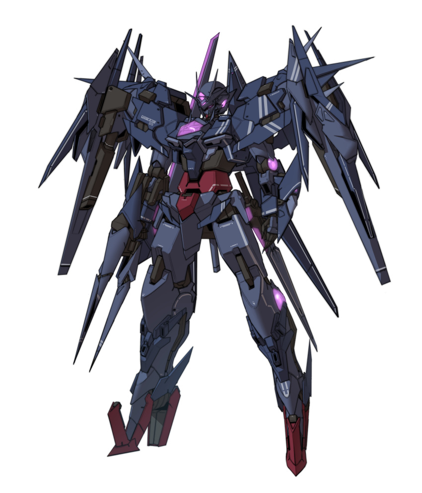 00_raiser, absurdres, beam_rifle, cunkou_mangren, dark_persona, energy_gun, fusion, gn_drive, gundam, gundam_00, gundam_00_sky, gundam_build_divers, highres, looking_down, mecha, no_humans, solo, standing, v-fin, violet_eyes, weapon, white_background