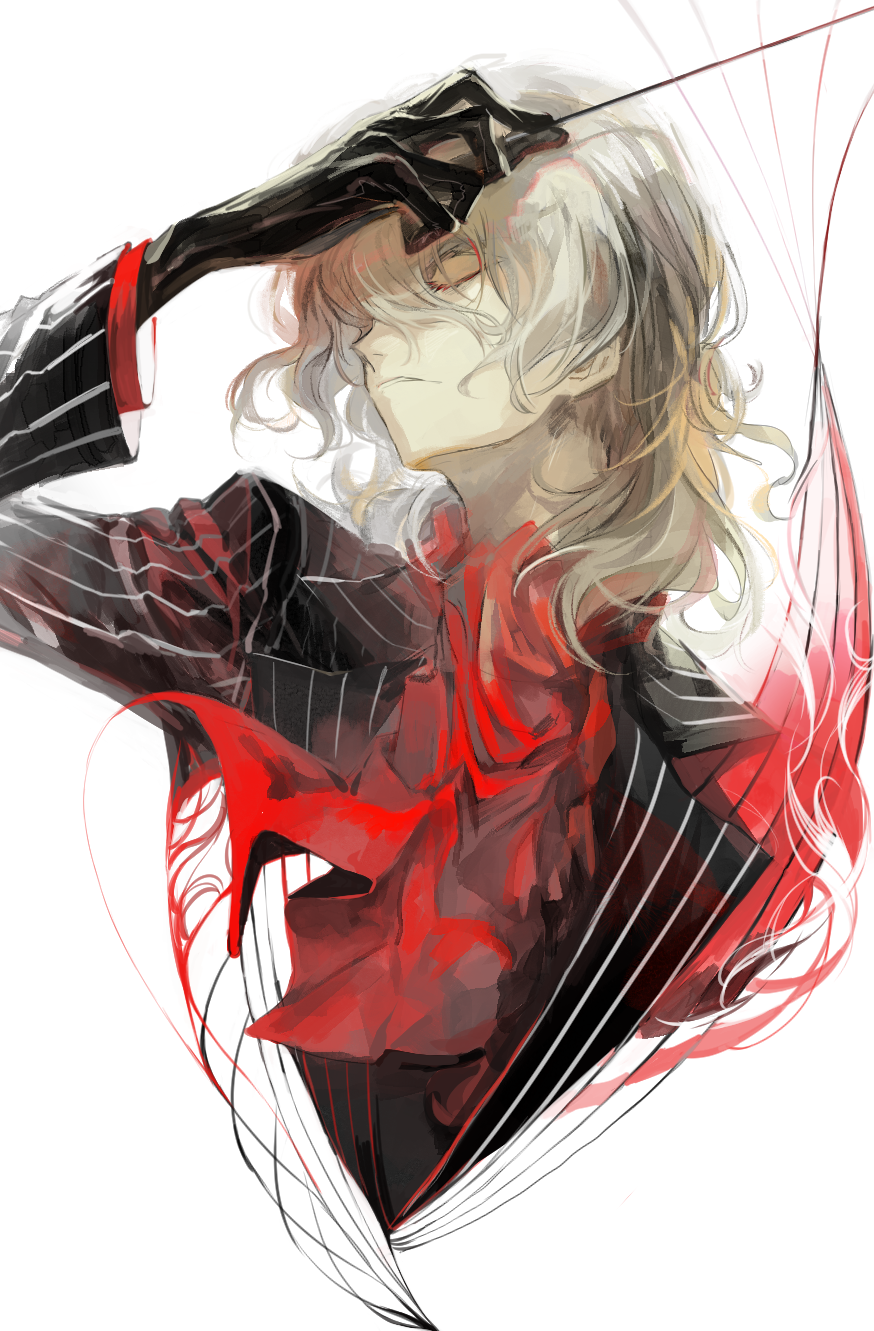 1boy, antonio_salieri_(fate/grand_order), black_gloves, black_jacket, closed_eyes, collared_shirt, cravat, ezu_(e104mjd)