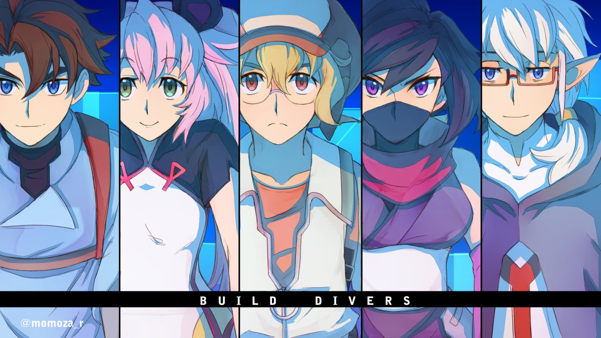 2girls, 3boys, animal_ears, ayame_(gundam_build_divers), black_hair, blue_eyes, brown_eyes, brown_hair