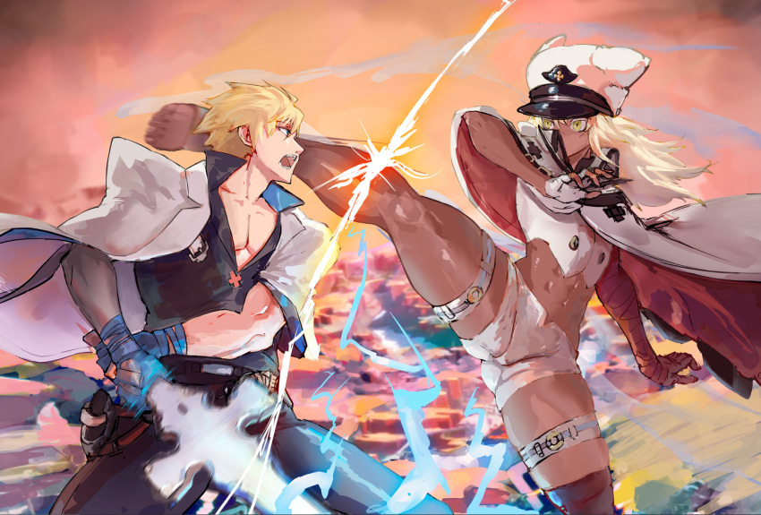 1boy, 1girl, abs, arqa, bandages, cloak, fighting, fingerless_gloves, gloves, guilty_gear, guilty_gear_strive, hat, high_kick, holding, holding_weapon, jacket, kicking, ky_kiske, open_clothes, open_shirt, ramlethal_valentine, shorts, sword, weapon, white_hair