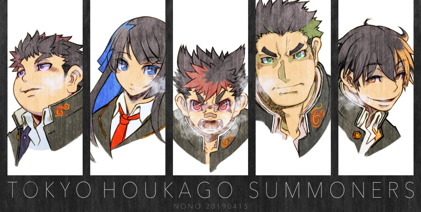 1girl, 4boys, absurdres, alternate_eye_color, alternate_hair_color, angry, black_hair, blue_eyes