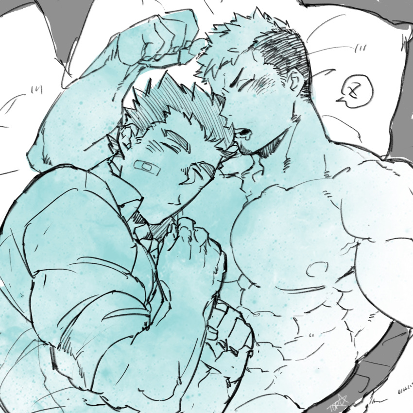 2boys, abs, bara, blue_theme, blush, chest, commentary_request, couple