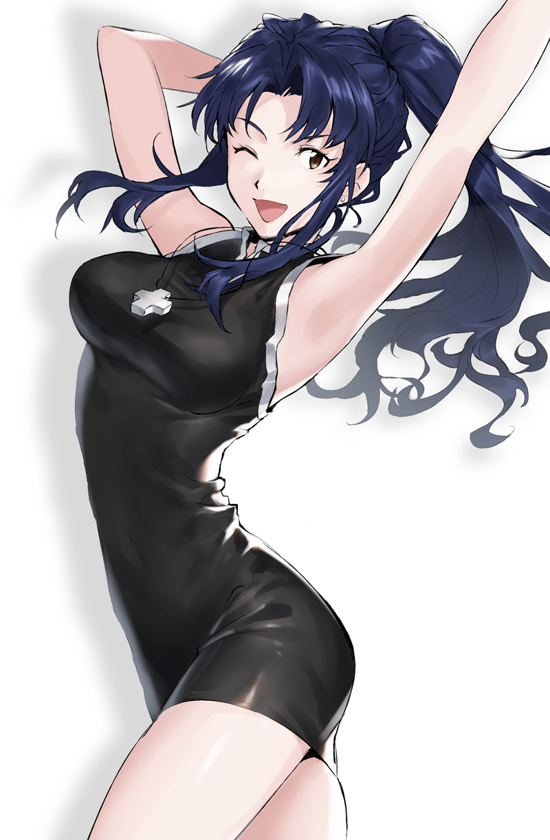 11kkr, 1girl, ;d, armpits, arms_up, black_dress, blue_hair, breasts, brown_eyes, cowboy_shot, dress, floating_hair, full_body, hair_intakes, high_ponytail, highres, katsuragi_misato, long_hair, looking_at_viewer, medium_breasts, neon_genesis_evangelion, one_eye_closed, open_mouth, shadow, shiny, shiny_hair, short_dress, simple_background, sleeveless, sleeveless_dress, smile, solo, standing, very_long_hair, white_background