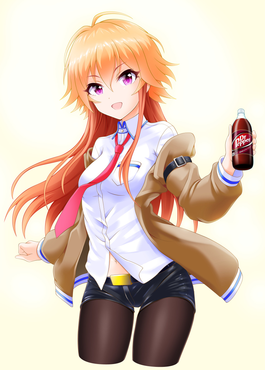 1girl, :d, absurdres, bangs, black_legwear, black_shorts, blonde_hair, bottle