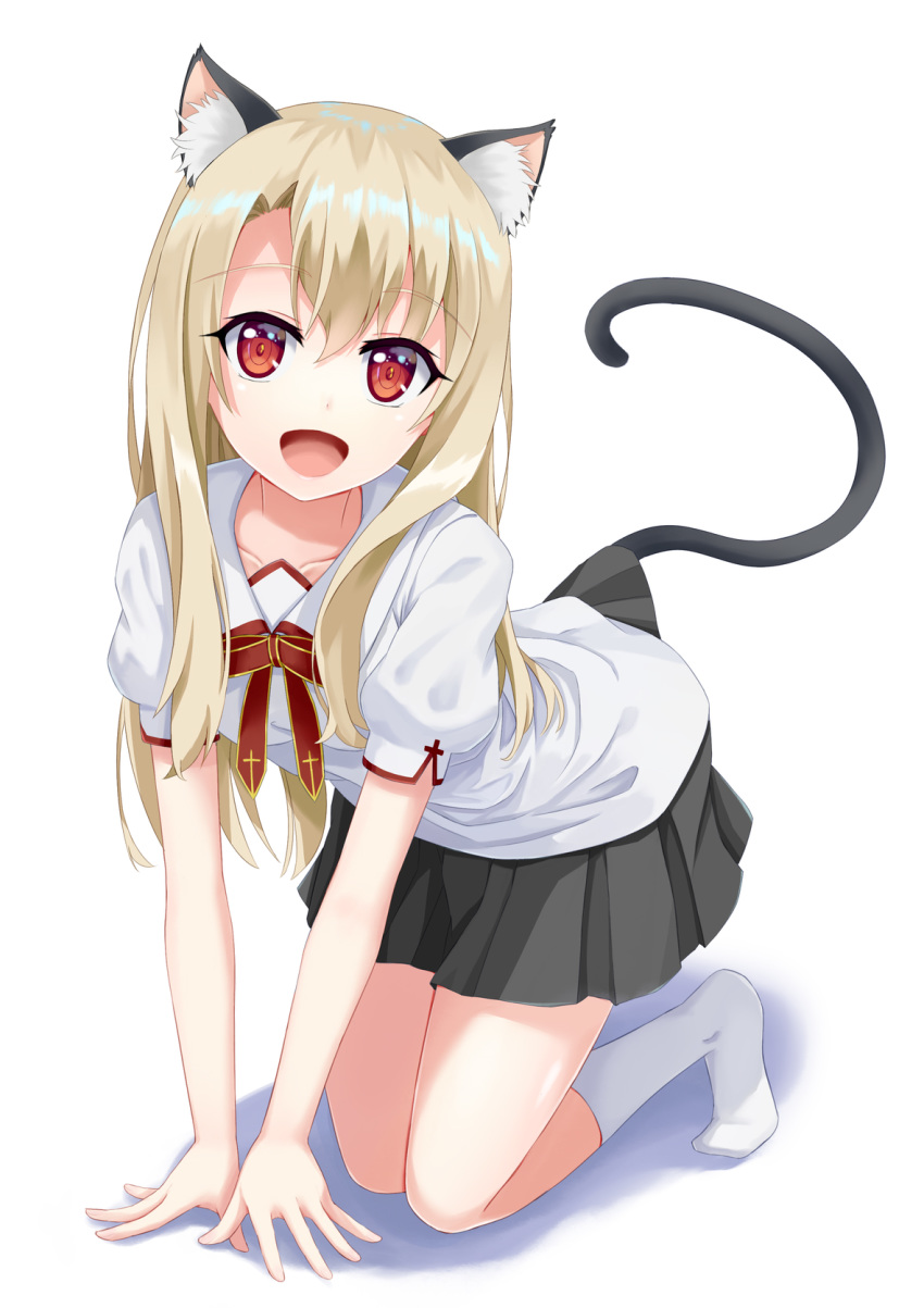 1girl, :d, all_fours, animal_ear_fluff, animal_ears, atm_(pixiv6921541), bangs, blonde_hair, cat_ears, cat_tail, collarbone, collared_shirt, eyebrows_visible_through_hair, eyelashes, fate/kaleid_liner_prisma_illya, fate_(series), grey_skirt, hair_between_eyes, hair_intakes, highres, homurahara_academy_uniform, illyasviel_von_einzbern, kemonomimi_mode, kneehighs, long_hair, looking_at_viewer, miniskirt, neck_ribbon, open_mouth, pleated_skirt, red_eyes, red_ribbon, ribbon, shiny, shiny_hair, shirt, short_sleeves, simple_background, skirt, smile, solo, tail, very_long_hair, white_background, white_legwear, white_shirt, wing_collar