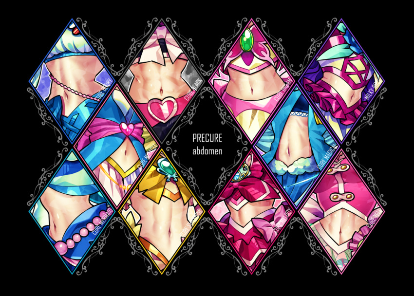 6+girls, back_bow, belt, black_background, black_skirt, blue_bow, blue_hair, blue_shirt