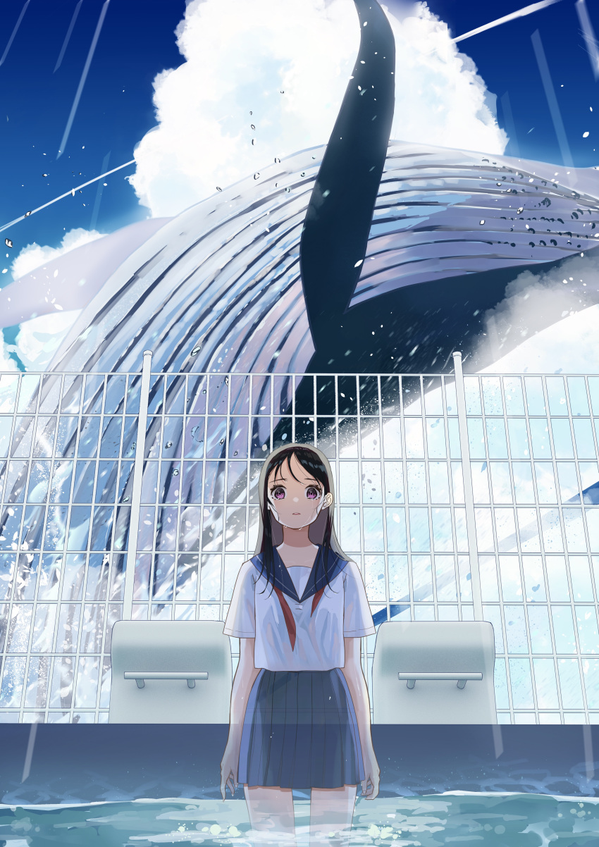 1girl, absurdres, arms_at_sides, black_hair, blue_sky, clouds, day, droplets