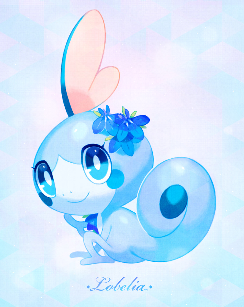blue_background, blue_flower, blue_theme, closed_mouth, flower, full_body, gen_8_pokemon, highres, looking_at_viewer, looking_back, no_humans, pokemon, pokemon_(creature), smile, sobble, solo, sylvaur_(serpygardy)