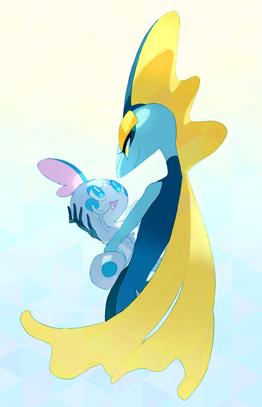 :d, baby_carry, blue_background, eye_contact, gen_8_pokemon, highres, inteleon, looking_at_another