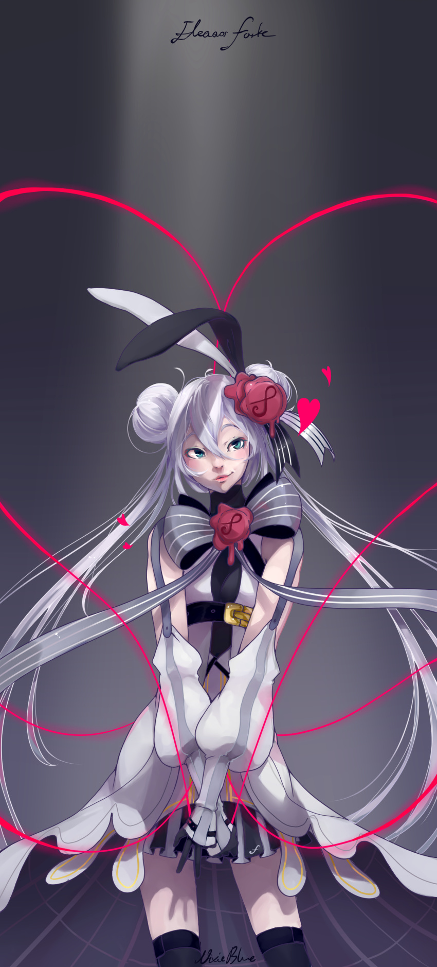 1girl, absurdres, aqua_eyes, black_legwear, bluefly_shi, bow, bowtie, character_name, closed_mouth, commentary, cowboy_shot, detached_sleeves, double_bun, eleanor_forte, gloves, hair_between_eyes, hair_ornament, hair_ribbon, heart, heart_of_string, highres, lips, long_hair, ribbon, signature, skirt, smile, solo, synthesizer_v, thigh-highs, twintails, very_long_hair, wax_seal, wax_seal_hair_ornament, white_hair