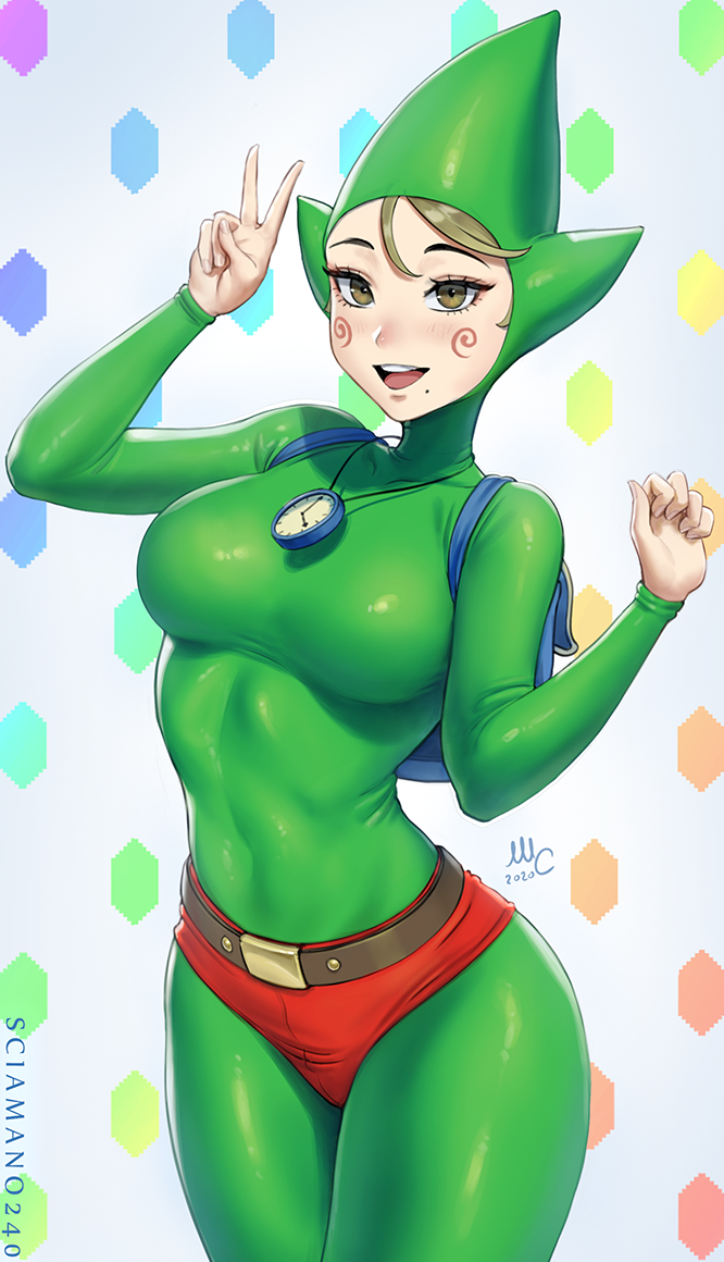 1girl, :d, arm_up, artist_name, belt, blush, bodysuit, breasts