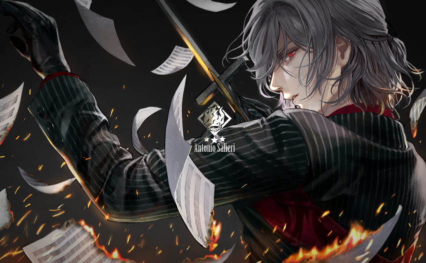 1boy, a_la_votre, antonio_salieri_(fate/grand_order), black_background, black_gloves, black_jacket, character_name, collared_shirt