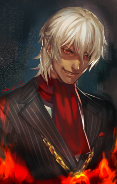 1boy, antonio_salieri_(fate/grand_order), black_jacket, collared_shirt, cravat, fate/grand_order, fate_(series), fire