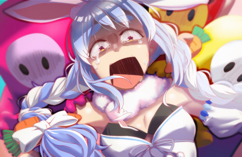 1girl, 3others, animal_ears, black_leotard, blue_hair, braid, bunny_girl, carrot_hair_ornament