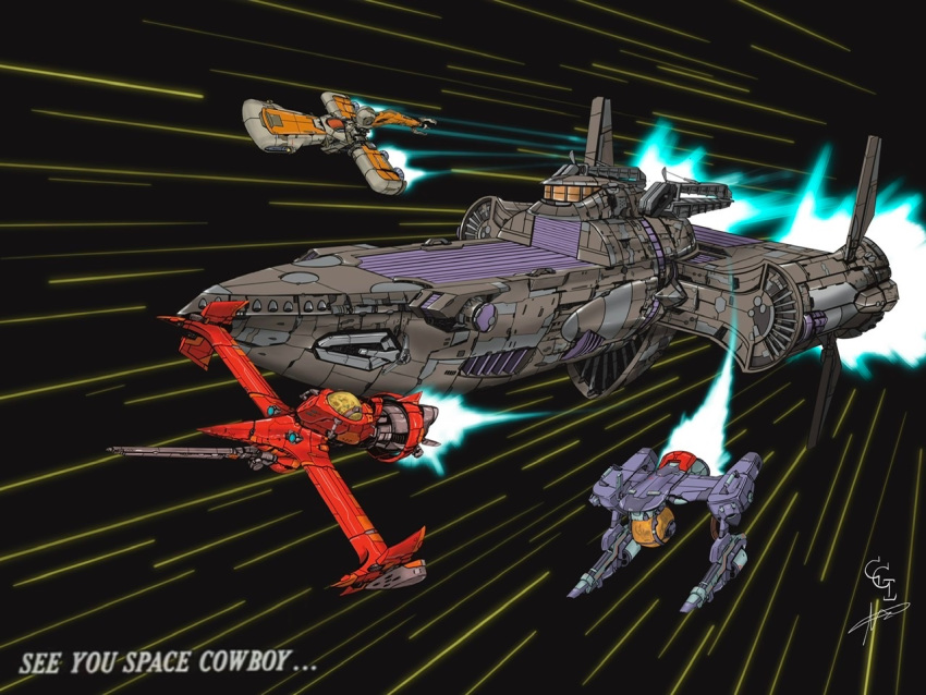 bebop_(cowboy_bebop), black_background, chrome_gear, claws, cowboy_bebop, english_text, flying, hammerhead_(cowboy_bebop), motion_lines, no_humans, procreate_(medium), red_tail_(cowboy_bebop), science_fiction, space, space_craft, swordfish_ii, vehicle_focus