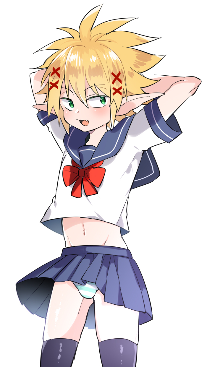 1boy, arms_up, blonde_hair, bulge, commentary_request, crossdressinging, elf, eyebrows_visible_through_hair