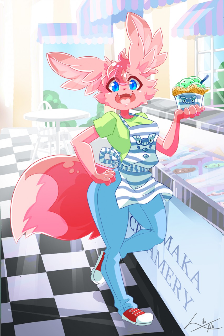 1girl, :3, :d, animal_ears, animal_nose, apron, artist_name, breasts, bush, chair, checkered, checkered_floor, commission, denim, eevee, english_commentary, eyebrows_visible_through_hair, fangs, food, food_request, footwear_request, furry, gen_1_pokemon, green_shirt, hair_between_eyes, hamsteroftime, hand_on_hip, highres, holding, holding_food, jeans, large_breasts, looking_at_viewer, open_mouth, original, pants, pink_fur, pink_hair, pokemon, shirt, short_sleeves, signature, smile, solo, standing, standing_on_one_leg, striped_apron, table, tail, window