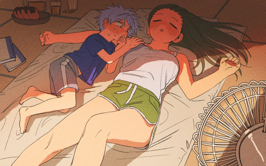 1boy, 1girl, age_difference, black_hair, breast_grab, breasts, child, commentary