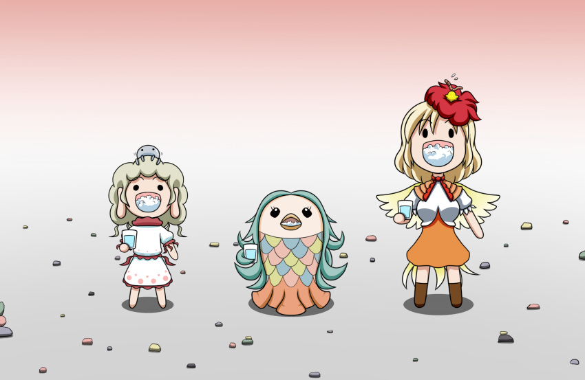 3girls, amabie, animal_on_head, barefoot, bird, bird_on_head, bird_wings, blonde_hair