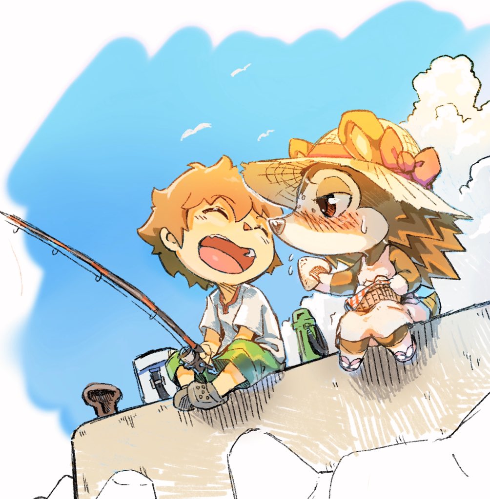 1boy, 1girl, alternate_costume, animal_ears, asami_(doubutsu_no_mori), bangs, bare_shoulders, basket