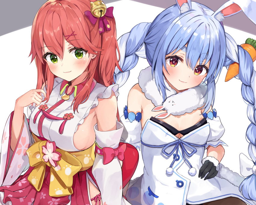 2girls, absurdres, ahoge, animal_ear_fluff, animal_ears, bangs, bare_shoulders, bell