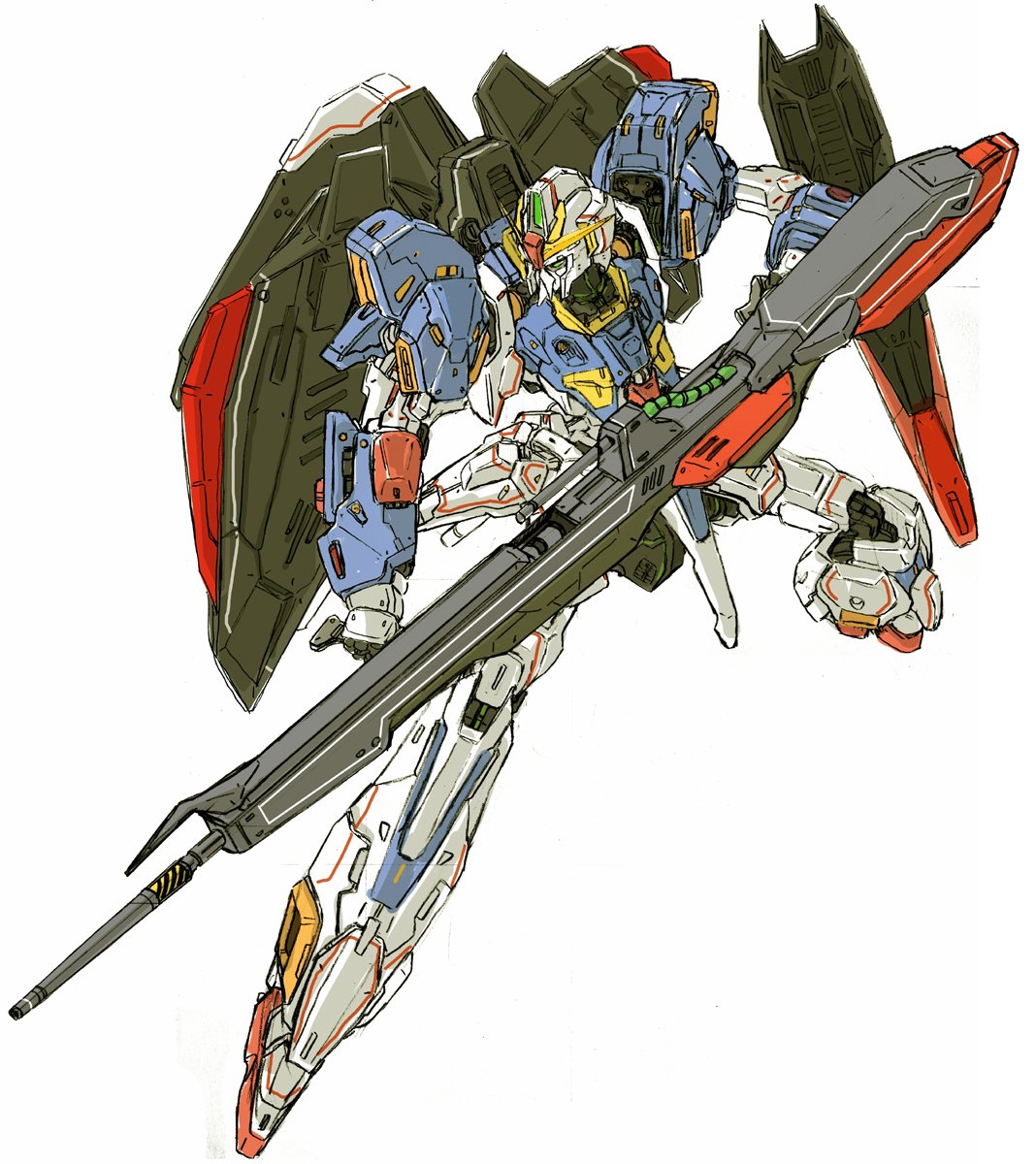 floating, green_eyes, gun, gundam, highres, holding, holding_gun, holding_weapon
