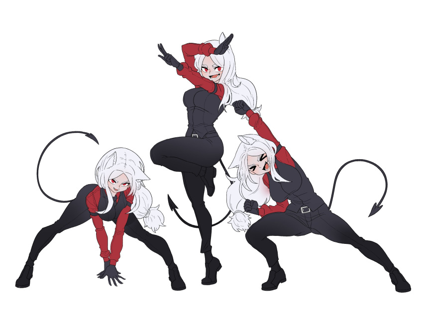 >_<, 3girls, animal_ears, belt, belt_buckle, breasts, buckle, cerberus_(helltaker), commentary_request, demon_girl, demon_tail, dog_ears, dog_girl, formal, full_body, gintm, gloves, helltaker, highres, large_breasts, long_hair, long_sleeves, multiple_girls, open_mouth, pants, red_eyes, shoes, simple_background, standing, suit, tail, teeth, tongue, white_background