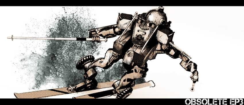 cadex-015_gibralter, copyright_name, episode_number, ishiwata_makoto, looking_to_the_side, mecha, military, monochrome, no_humans, obsolete, skiing, solo, wheel