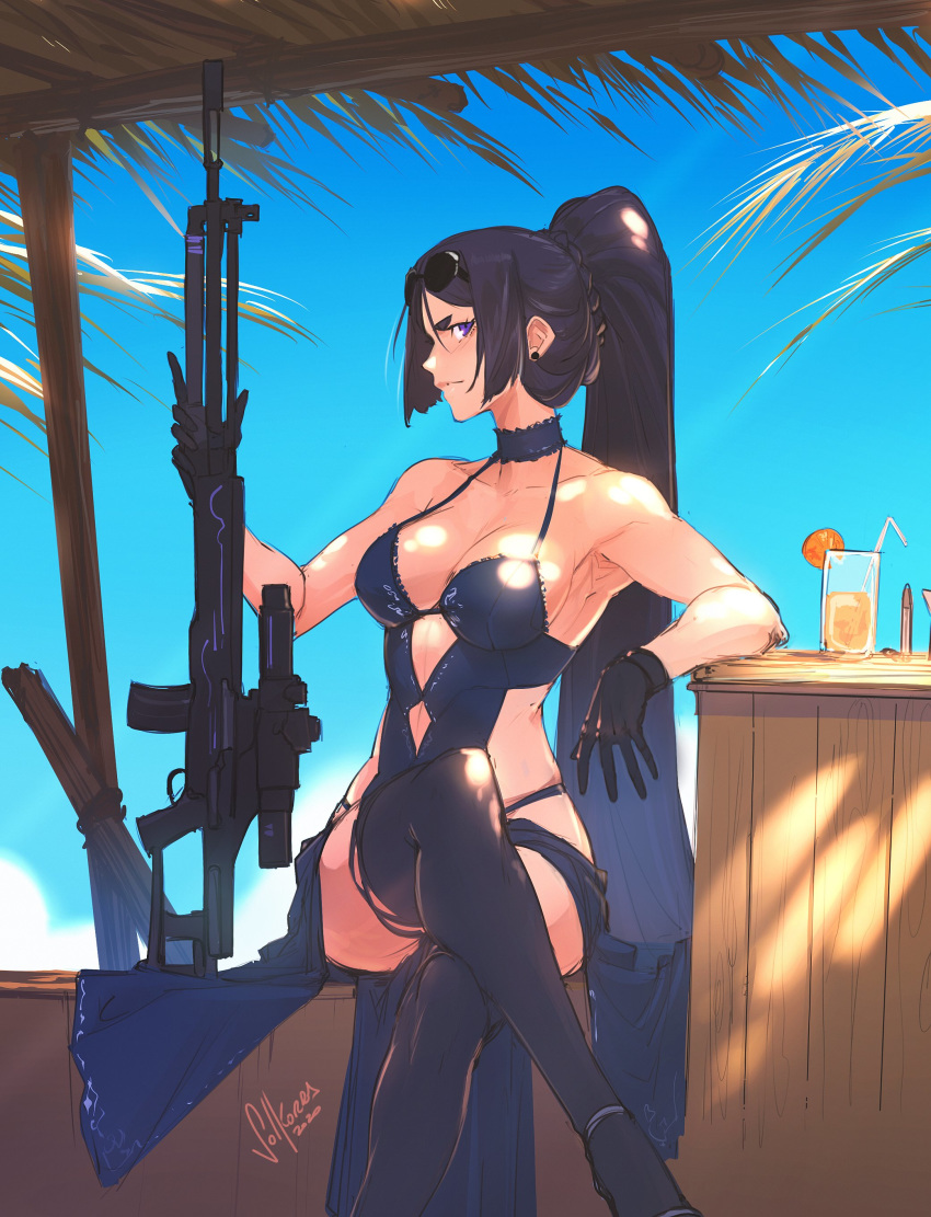 1girl, absurdres, armpits, artoria_pendragon_(all), artoria_pendragon_(swimsuit_rider_alter), artoria_pendragon_(swimsuit_rider_alter)_(cosplay), bare_arms, bare_shoulders, black-framed_eyewear, black_choker, black_gloves, black_legwear, blue_dress, blue_sky, breasts, choker, collarbone, commentary, cosplay, crossed_legs, cup, cutout_above_navel, dated, day, dress, drink, drinking_glass, drinking_straw, earrings, elbow_rest, english_commentary, eyewear_on_head, fate/grand_order, fate_(series), food, foot_out_of_frame, fruit, gloves, gun, halter_dress, halterneck, hands_up, high_ponytail, highres, holding, holding_gun, holding_weapon, jewelry, leaf, light_rays, lips, long_hair, looking_at_viewer, medium_breasts, minamoto_no_raikou_(fate/grand_order), navy_blue_dress, orange, orange_slice, outdoors, profile, rifle, scope, shade, shoes, short_eyebrows, side_cutout, sidelocks, sideways_glance, signature, sitting, sky, sleeveless, sleeveless_dress, sniper_rifle, sol_ferrari, solo, strappy_heels, sunbeam, sunglasses, sunlight, thick_eyebrows, thigh-highs, tied_hair, very_long_hair, weapon