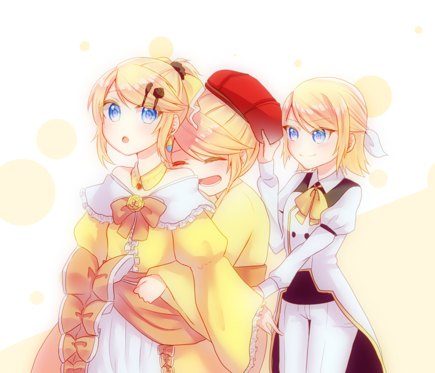 :o, aku_no_musume_(vocaloid), aryuma772, blonde_hair, blue_eyes, blush, bow, cabbie_hat, chaban_capriccio_(vocaloid), choker, closed_eyes, cummerbund, dress, dress_bow, dress_flower, earrings, enbizaka_no_shitateya_(vocaloid), evillious_nendaiki, frilled_dress, frills, hair_bow, hair_ornament, hairclip, hat, heartbeat_clocktower_(vocaloid), highres, hug, hug_from_behind, jacket, japanese_clothes, jewelry, juliet_sleeves, kagamine_rin, kimono, lilith_baldured, long_sleeves, miroku_rin, multiple_persona, princess, puffy_sleeves, red_headwear, reincarnation, riliane_lucifen_d'autriche, short_hair, smile, surprised, vocaloid, waitress, white_jacket, wide_sleeves, yellow_dress, yellow_kimono