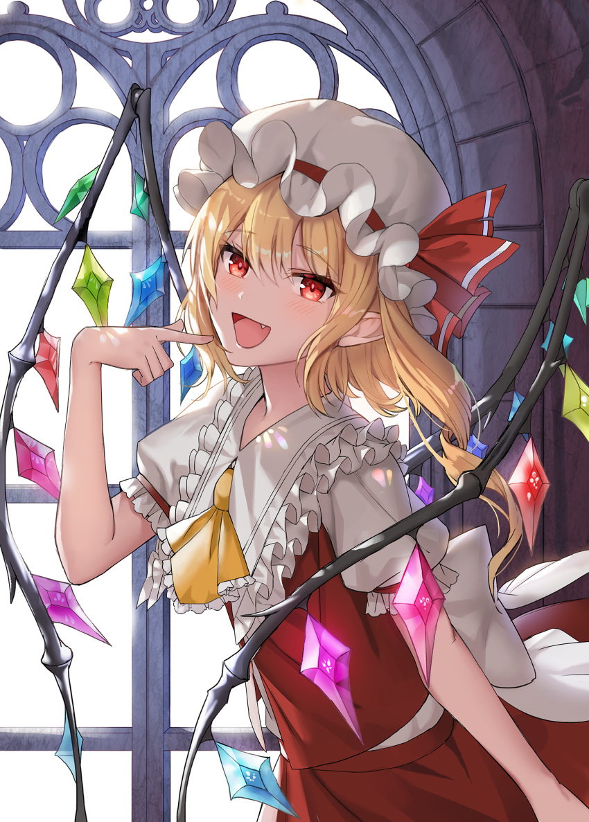 1girl, back_bow, bangs, blonde_hair, bow, commentary, crystal, fang