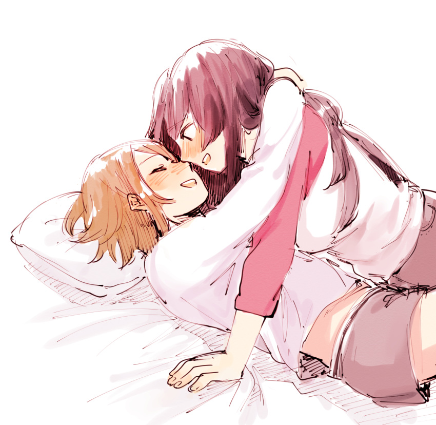 2girls, akiyama_mio, arm_support, black_hair, blush, breakfastb, brown_hair, closed_eyes, highres, hug, k-on!, long_hair, lying, multiple_girls, on_back, on_bed, short_hair, sketch, smile, tainaka_ritsu, yuri