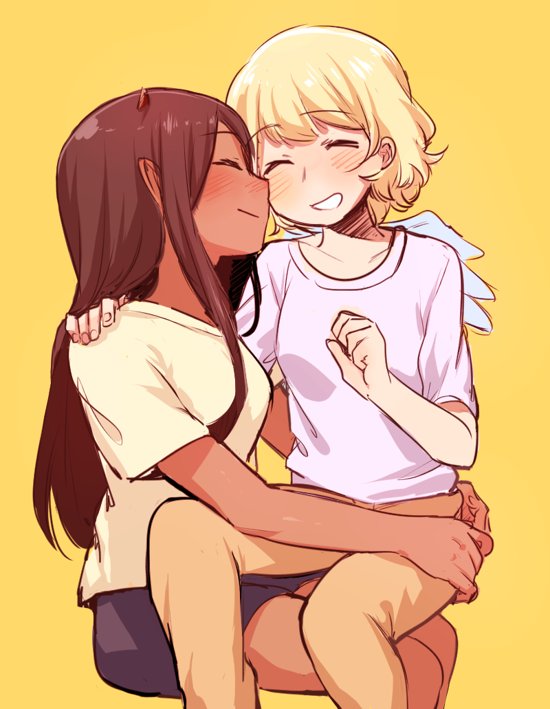 2girls, ^_^, angel_wings, blonde_hair, breakfastb, brown_hair, character_request, closed_eyes, dark_skin, demon_horns, hand_on_another's_shoulder, horns, long_hair, multiple_girls, short_hair, sitting, sitting_on_lap, sitting_on_person, smile, wings, yellow_background, yuri