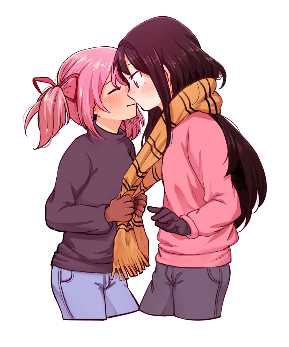 2girls, akemi_homura, black_hair, breakfastb, closed_eyes, commission, enpera, gloves