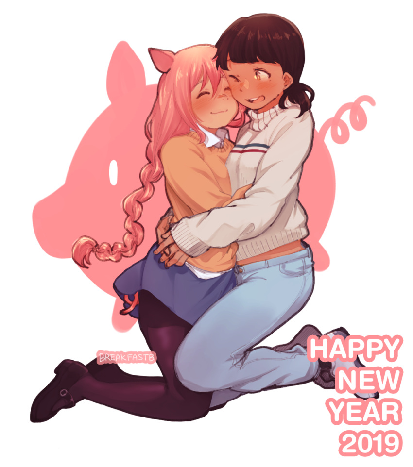 2girls, animal_ears, artist_name, black_hair, blush, braid, breakfastb, chinese_zodiac