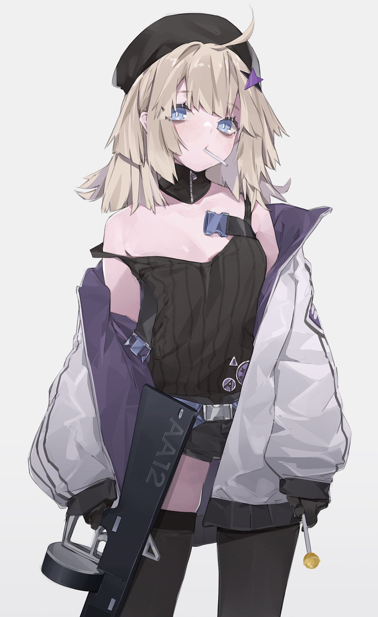 1girl, aa-12, aa-12_(girls_frontline), ahoge, bangs, beret, black_gloves, black_headwear