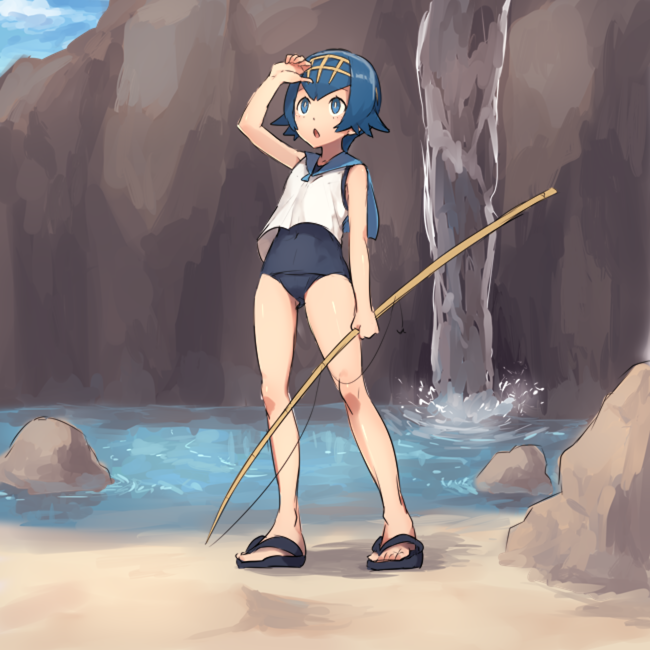 1girl, arm_up, bare_legs, blue_eyes, blue_hair, blue_sailor_collar, chorefuji, clouds, commentary_request, covered_navel, fishing_line, fishing_rod, full_body, hairband, holding, looking_up, one-piece_swimsuit, open_mouth, outdoors, pokemon, pokemon_(game), pokemon_sm, pond, rock, sailor_collar, sandals, shirt, short_hair, sky, sleeveless, solo, standing, suiren_(pokemon), swimsuit, swimsuit_under_clothes, trial_captain, water, white_shirt