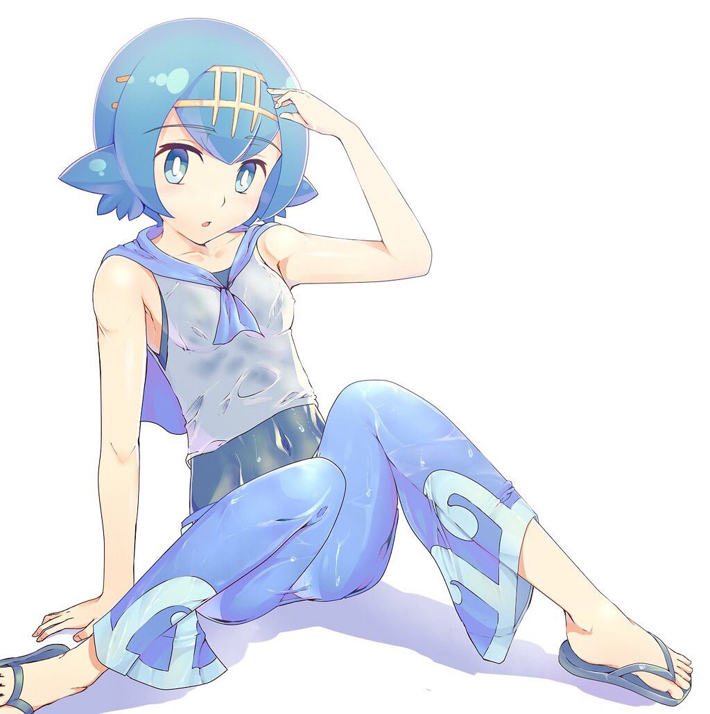 1girl, :o, arm_up, bangs, blue_eyes, blue_hair, blue_pants, blue_sailor_collar