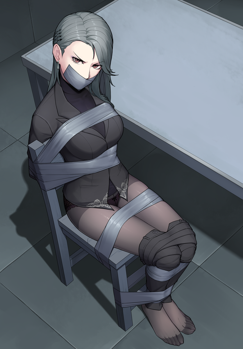 1girl, angry, black_legwear, black_sweater, blazer, bound, bow, bow_panties