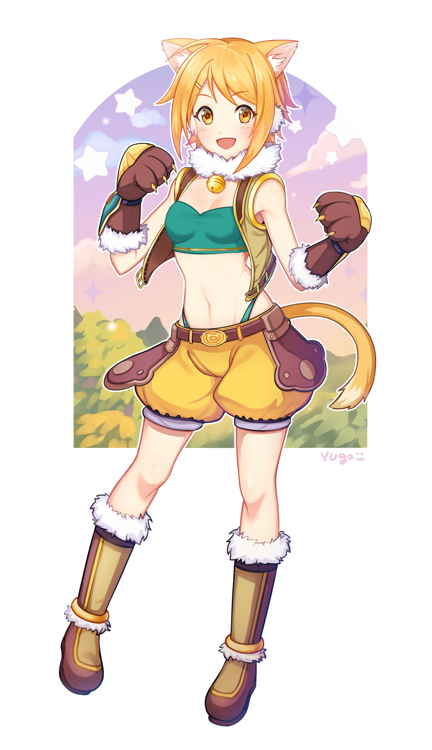 1girl, absurdres, animal_ear_fluff, animal_ears, artist_name, bandeau, bangs, bare_shoulders, bell, belt, blonde_hair, blush, boots, breasts, cat_ears, cat_paws, cat_tail, commentary_request, full_body, fur_collar, fur_trim, gloves, hair_ornament, hairclip, hands_up, highres, hiyori_(princess_connect!), jingle_bell, looking_at_viewer, midriff, navel, open_mouth, paw_gloves, paw_pose, paws, princess_connect!, princess_connect!_re:dive, puffy_shorts, short_hair, shorts, small_breasts, smile, solo, standing, star_(symbol), stomach, tail, yellow_eyes, yellow_shorts, yugo_(yuno65)