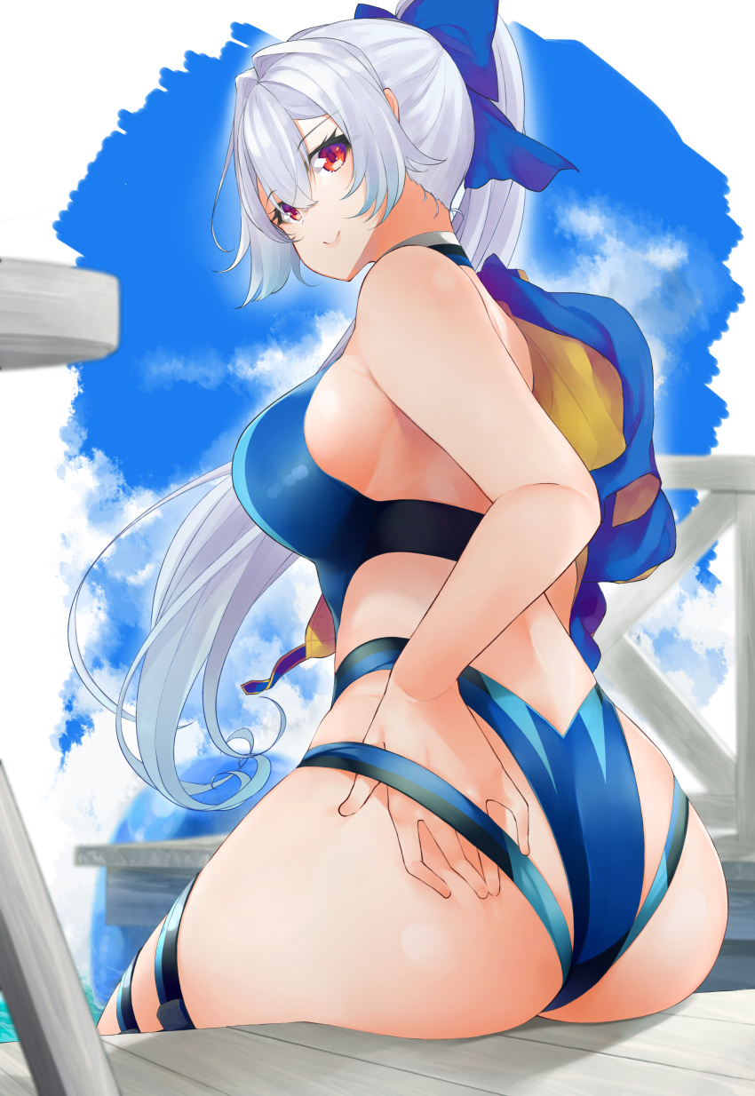 1girl, absurdres, ass, back, bangs, blue_bow, blue_sky, blue_swimsuit