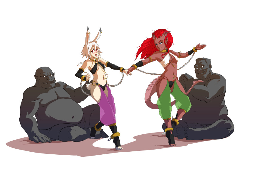 2boys, 2girls, absurdres, animal_ears, bald, bare_shoulders, black_legwear, black_panties