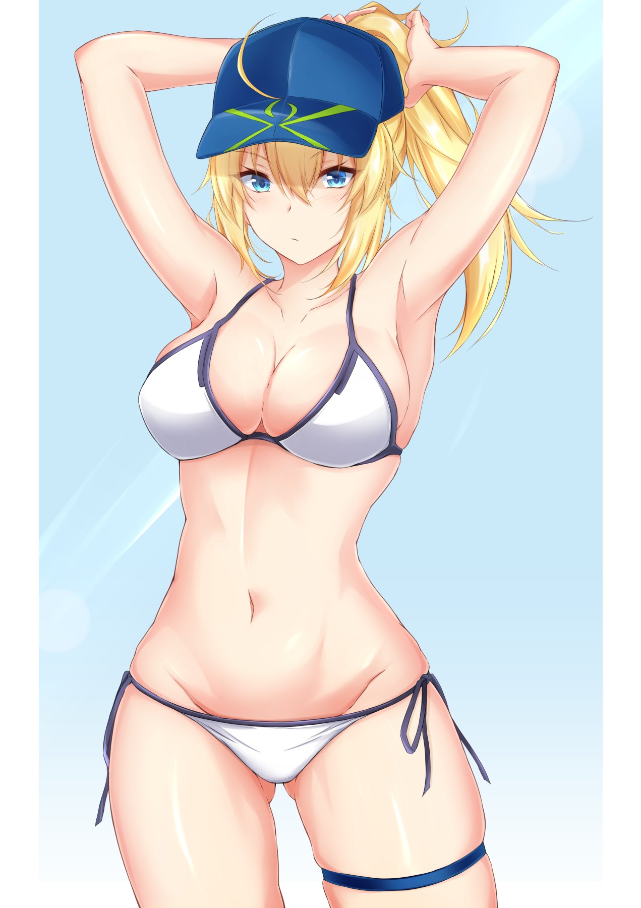 1girl, ahoge, armpits, arms_up, artoria_pendragon_(all), ass_visible_through_thighs, bangs, baseball_cap, bikini, blonde_hair, blue_background, blue_eyes, breasts, commentary_request, cowboy_shot, eyebrows_visible_through_hair, fate/grand_order, fate_(series), groin, hair_between_eyes, hat, highres, large_breasts, long_hair, looking_at_viewer, mysterious_heroine_xx_(foreigner), navel, piro_(prwtrs), ponytail, side-tie_bikini, skindentation, solo, standing, stomach, swimsuit, thigh_strap, thighs, tying_hair, white_bikini
