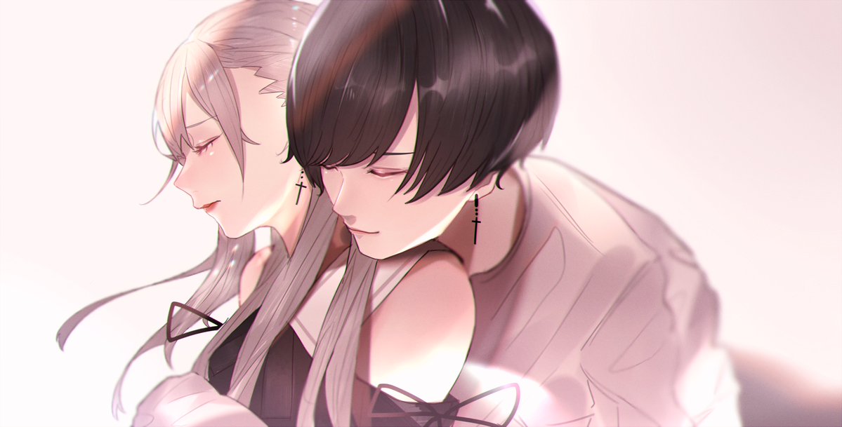 1boy, 1girl, black_hair, close-up, couple, cross, cross_earrings, earrings
