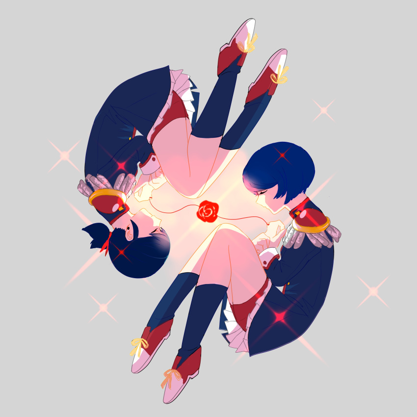 2girls, absurdres, alternate_costume, black_hair, checkered, checkered_background, closed_eyes, epaulettes, fetal_position, full_body, highres, kagami_tsurugi, marinette_dupain-cheng, matching_outfit, medium_hair, miraculous_ladybug, multiple_girls, short_hair, shorts, shorts_under_skirt, sparkle, string, string_of_fate, tomado_shou_jo, twintails, yuri