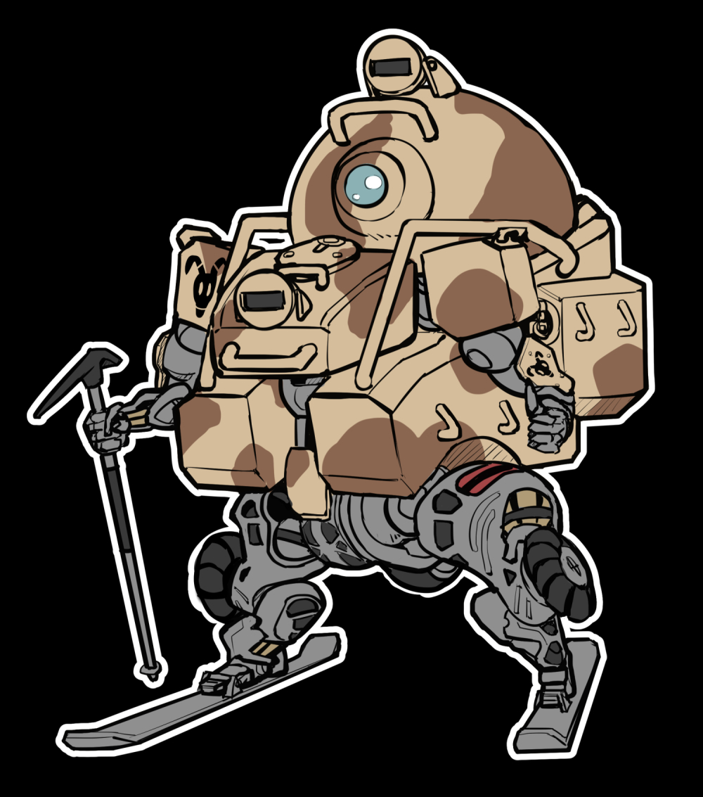 black_background, chibi, clenched_hand, hawex-015_meghdoot, ishiwata_makoto, looking_ahead, mecha, no_humans, obsolete, skiing, solo, thumbs_up, wheel