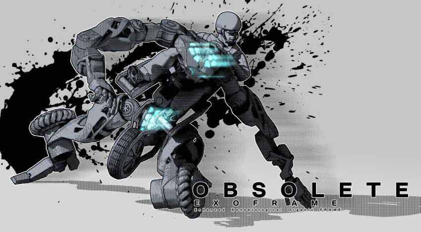 1boy, character_name, copyright_name, exoframe, hand_on_ground, highres, ishiwata_makoto, looking_to_the_side, mecha, military, obsolete, open_hand, skating, solo_focus, wheel