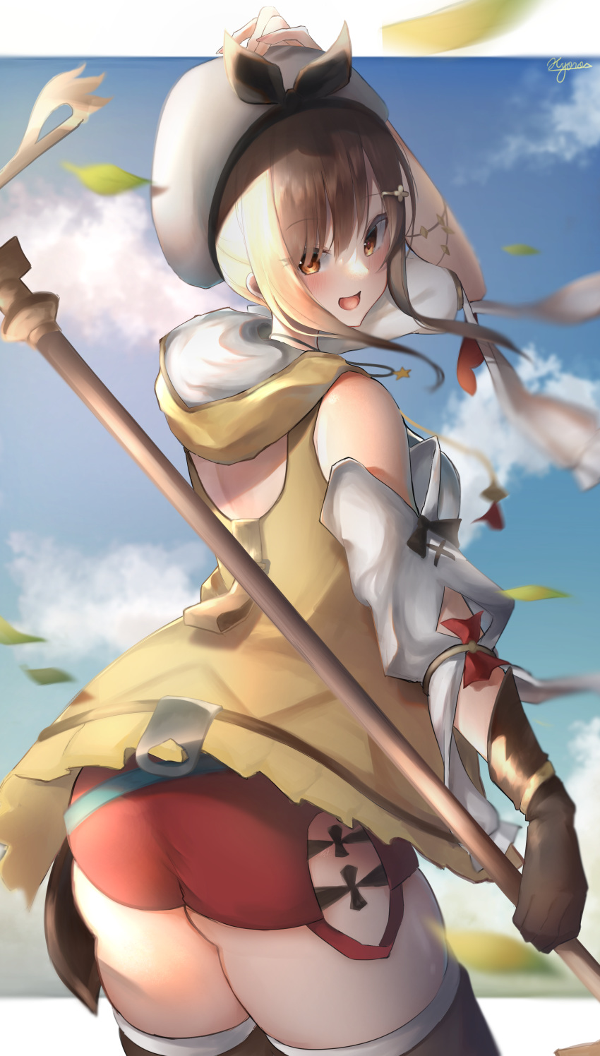 1girl, absurdres, ass, atelier_(series), atelier_ryza, back_cutout, bare_shoulders, belt